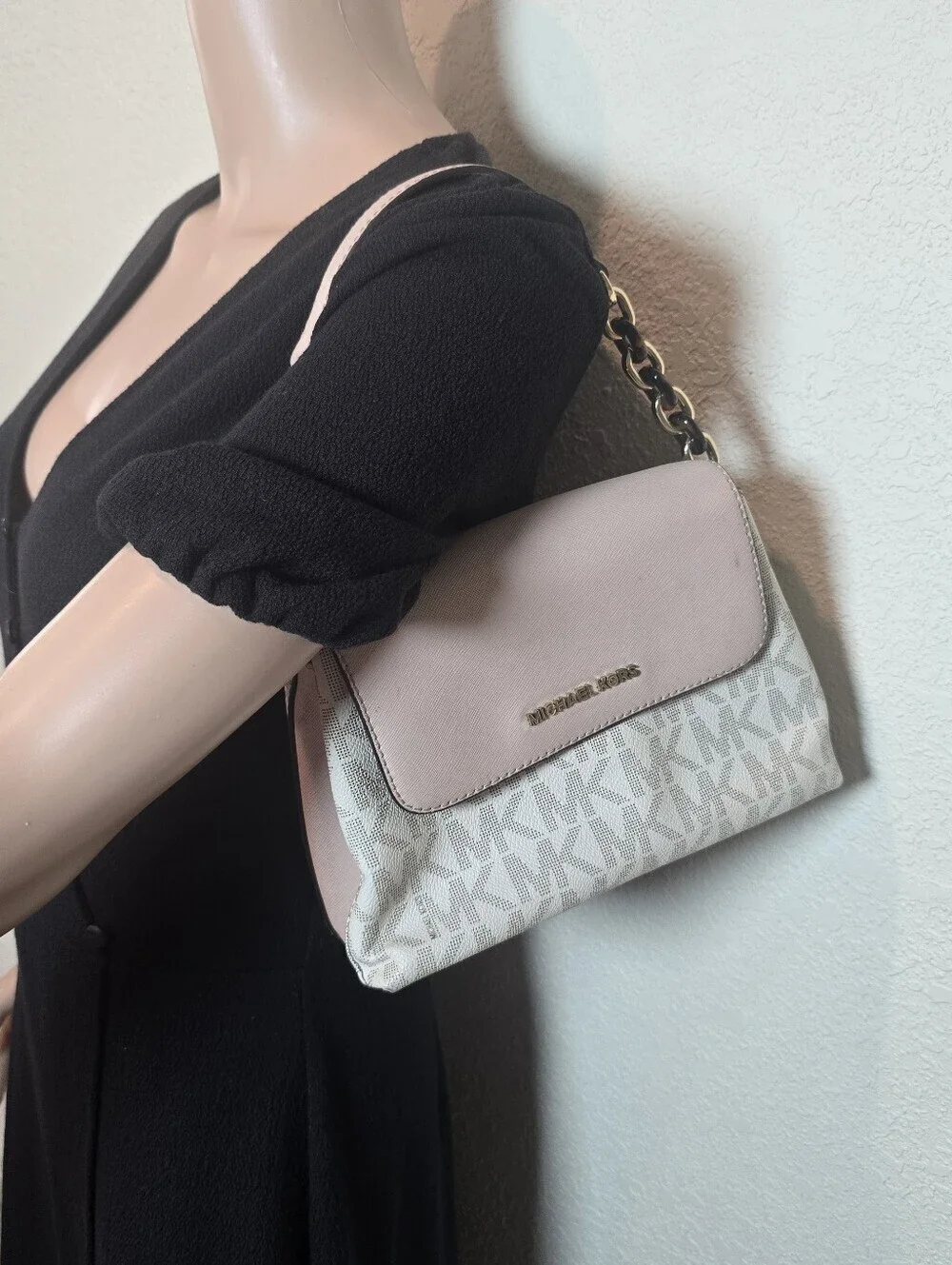 Michael Kors Pale Pink Logo-Print Shoulder Bag with Gold Accents